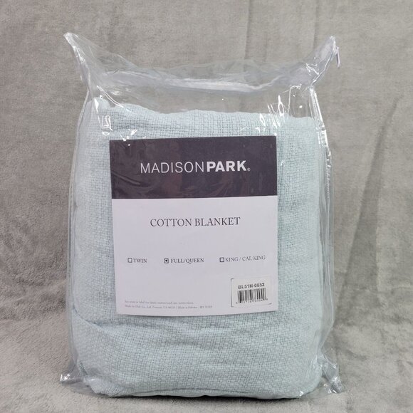Madison Park Fresh spun Basketweave Cotton Blanket With Blue Finish FULL / QUEEN
